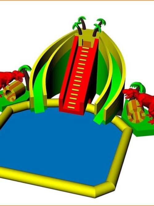 Parc aquatique portable avec toboggan gonflable sur le thème des dinosaures et piscine