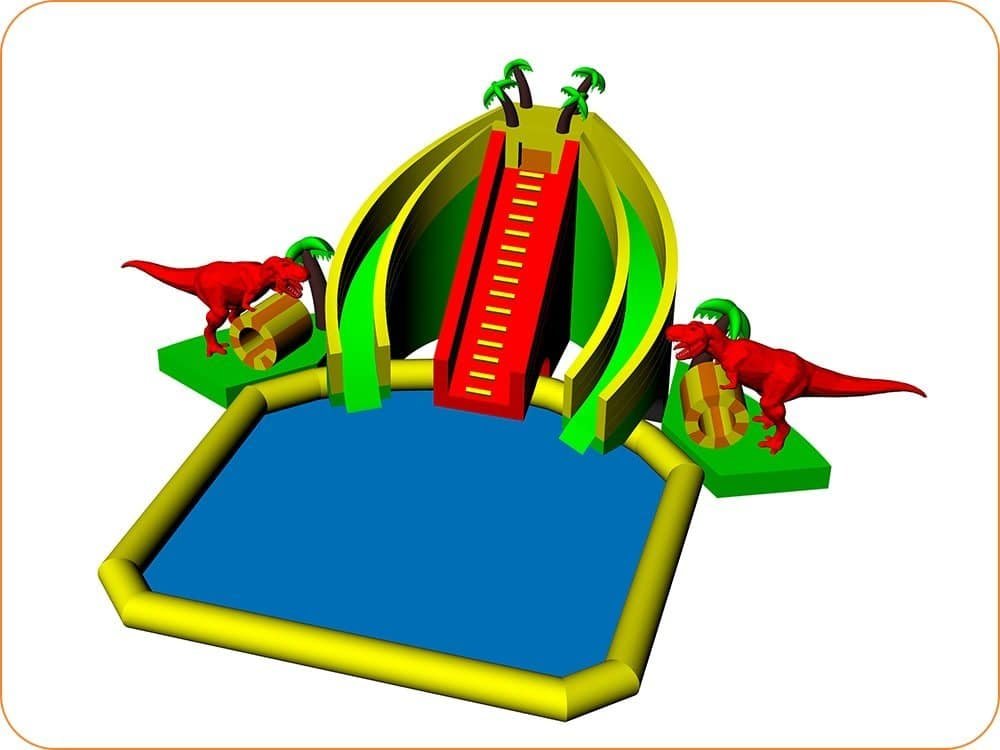 Parc aquatique portable avec toboggan gonflable sur le thème des dinosaures et piscine